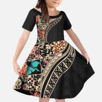 Hawaiian Hibiscus and Tropical Leaves Family Matching Off Shoulder Maxi Dress and Hawaiian Shirt Patchwork Grunge Abstract and Tapa Tribal Pattern Half Style LT03 Daughter's Dress Black - Polynesian Pride