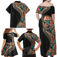 Hawaiian Hibiscus and Tropical Leaves Family Matching Off Shoulder Maxi Dress and Hawaiian Shirt Patchwork Grunge Abstract and Tapa Tribal Pattern Half Style LT03 - Polynesian Pride