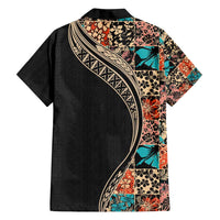 Hawaiian Hibiscus and Tropical Leaves Family Matching Off Shoulder Maxi Dress and Hawaiian Shirt Patchwork Grunge Abstract and Tapa Tribal Pattern Half Style LT03 - Polynesian Pride