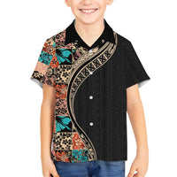 Hawaiian Hibiscus and Tropical Leaves Family Matching Off Shoulder Maxi Dress and Hawaiian Shirt Patchwork Grunge Abstract and Tapa Tribal Pattern Half Style LT03 Son's Shirt Black - Polynesian Pride