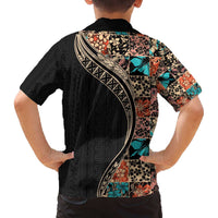 Hawaiian Hibiscus and Tropical Leaves Family Matching Puletasi and Hawaiian Shirt Patchwork Grunge Abstract and Tapa Tribal Pattern Half Style LT03 - Polynesian Pride