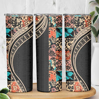 Hawaiian Hibiscus and Tropical Leaves Skinny Tumbler Patchwork Grunge Abstract and Tapa Tribal Pattern Half Style LT03 - Polynesian Pride