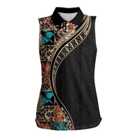 Hawaiian Hibiscus and Tropical Leaves Women Sleeveless Polo Shirt Patchwork Grunge Abstract and Tapa Tribal Pattern Half Style LT03 Female Black - Polynesian Pride