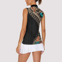 Hawaiian Hibiscus and Tropical Leaves Women Sleeveless Polo Shirt Patchwork Grunge Abstract and Tapa Tribal Pattern Half Style LT03 - Polynesian Pride