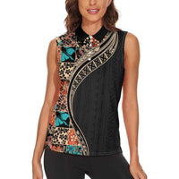 Hawaiian Hibiscus and Tropical Leaves Women Sleeveless Polo Shirt Patchwork Grunge Abstract and Tapa Tribal Pattern Half Style LT03 - Polynesian Pride