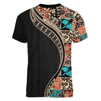 Hawaiian Hibiscus and Tropical Leaves Women V-Neck T-Shirt Patchwork Grunge Abstract and Tapa Tribal Pattern Half Style LT03 - Polynesian Pride