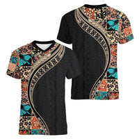 Hawaiian Hibiscus and Tropical Leaves Women V-Neck T-Shirt Patchwork Grunge Abstract and Tapa Tribal Pattern Half Style LT03 - Polynesian Pride