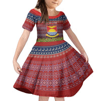 Personalised Kiribati Christmas Family Matching Short Sleeve Bodycon Dress and Hawaiian Shirt Coat of Arms and Map Beautiful Merry Xmas Snowflake LT03 Daughter's Dress Red - Polynesian Pride