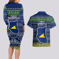 Tokelau Christmas Couples Matching Long Sleeve Bodycon Dress and Hawaiian Shirt Coat of Arms and Map Beautiful Merry Xmas Snowflake LT03 - Polynesian Pride