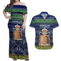 Tokelau Christmas Couples Matching Off Shoulder Maxi Dress and Hawaiian Shirt Coat of Arms and Map Beautiful Merry Xmas Snowflake LT03 Blue - Polynesian Pride
