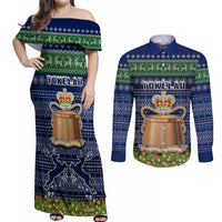 Tokelau Christmas Couples Matching Off Shoulder Maxi Dress and Long Sleeve Button Shirts Coat of Arms and Map Beautiful Merry Xmas Snowflake LT03 Blue - Polynesian Pride
