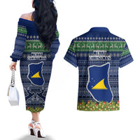 Tokelau Christmas Couples Matching Off The Shoulder Long Sleeve Dress and Hawaiian Shirt Coat of Arms and Map Beautiful Merry Xmas Snowflake LT03 - Polynesian Pride