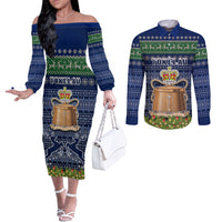 Tokelau Christmas Couples Matching Off The Shoulder Long Sleeve Dress and Long Sleeve Button Shirts Coat of Arms and Map Beautiful Merry Xmas Snowflake LT03 Blue - Polynesian Pride