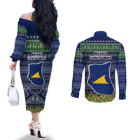 Tokelau Christmas Couples Matching Off The Shoulder Long Sleeve Dress and Long Sleeve Button Shirts Coat of Arms and Map Beautiful Merry Xmas Snowflake LT03 - Polynesian Pride