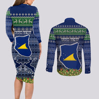 Personalised Tokelau Christmas Couples Matching Long Sleeve Bodycon Dress and Long Sleeve Button Shirts Coat of Arms and Map Beautiful Merry Xmas Snowflake LT03 - Polynesian Pride