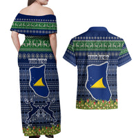 Personalised Tokelau Christmas Couples Matching Off Shoulder Maxi Dress and Hawaiian Shirt Coat of Arms and Map Beautiful Merry Xmas Snowflake LT03 - Polynesian Pride