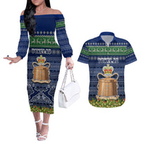 Personalised Tokelau Christmas Couples Matching Off The Shoulder Long Sleeve Dress and Hawaiian Shirt Coat of Arms and Map Beautiful Merry Xmas Snowflake LT03 Blue - Polynesian Pride