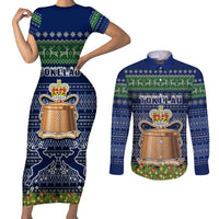 Personalised Tokelau Christmas Couples Matching Short Sleeve Bodycon Dress and Long Sleeve Button Shirts Coat of Arms and Map Beautiful Merry Xmas Snowflake LT03 Blue - Polynesian Pride