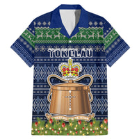 Personalised Tokelau Christmas Family Matching Mermaid Dress and Hawaiian Shirt Coat of Arms and Map Beautiful Merry Xmas Snowflake LT03 Dad's Shirt - Short Sleeve Blue - Polynesian Pride
