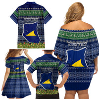 Personalised Tokelau Christmas Family Matching Off Shoulder Short Dress and Hawaiian Shirt Coat of Arms and Map Beautiful Merry Xmas Snowflake LT03 - Polynesian Pride