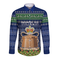 Personalised Tokelau Christmas Long Sleeve Button Shirt Coat of Arms and Map Beautiful Merry Xmas Snowflake LT03 Unisex Blue - Polynesian Pride
