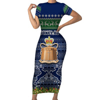 Personalised Tokelau Christmas Short Sleeve Bodycon Dress Coat of Arms and Map Beautiful Merry Xmas Snowflake LT03 Long Dress Blue - Polynesian Pride