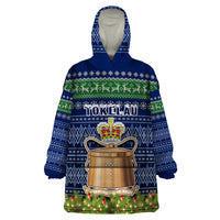 Personalised Tokelau Christmas Wearable Blanket Hoodie Coat of Arms and Map Beautiful Merry Xmas Snowflake LT03 One Size Blue - Polynesian Pride