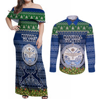 Personalised Marshall Islands Christmas Couples Matching Off Shoulder Maxi Dress and Long Sleeve Button Shirts Coat of Arms and Map Beautiful Merry Xmas Snowflake LT03 Blue - Polynesian Pride