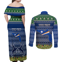 Personalised Marshall Islands Christmas Couples Matching Off Shoulder Maxi Dress and Long Sleeve Button Shirts Coat of Arms and Map Beautiful Merry Xmas Snowflake LT03 - Polynesian Pride