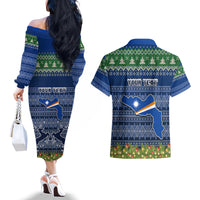 Personalised Marshall Islands Christmas Couples Matching Off The Shoulder Long Sleeve Dress and Hawaiian Shirt Coat of Arms and Map Beautiful Merry Xmas Snowflake LT03 - Polynesian Pride