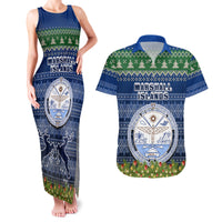 Personalised Marshall Islands Christmas Couples Matching Tank Maxi Dress and Hawaiian Shirt Coat of Arms and Map Beautiful Merry Xmas Snowflake LT03 Blue - Polynesian Pride