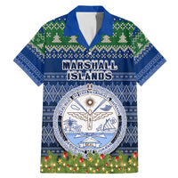 Personalised Marshall Islands Christmas Family Matching Mermaid Dress and Hawaiian Shirt Coat of Arms and Map Beautiful Merry Xmas Snowflake LT03 Dad's Shirt - Short Sleeve Blue - Polynesian Pride
