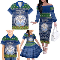 Personalised Marshall Islands Christmas Family Matching Off Shoulder Long Sleeve Dress and Hawaiian Shirt Coat of Arms and Map Beautiful Merry Xmas Snowflake LT03 - Polynesian Pride