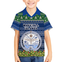 Personalised Marshall Islands Christmas Family Matching Off Shoulder Maxi Dress and Hawaiian Shirt Coat of Arms and Map Beautiful Merry Xmas Snowflake LT03 Son's Shirt Blue - Polynesian Pride