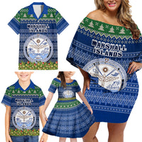 Personalised Marshall Islands Christmas Family Matching Off Shoulder Short Dress and Hawaiian Shirt Coat of Arms and Map Beautiful Merry Xmas Snowflake LT03 - Polynesian Pride