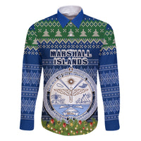 Personalised Marshall Islands Christmas Family Matching Short Sleeve Bodycon Dress and Hawaiian Shirt Coat of Arms and Map Beautiful Merry Xmas Snowflake LT03 Dad's Shirt - Long Sleeve Blue - Polynesian Pride