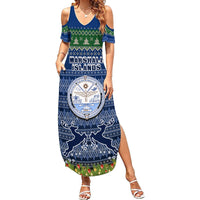 Personalised Marshall Islands Christmas Family Matching Summer Maxi Dress and Hawaiian Shirt Coat of Arms and Map Beautiful Merry Xmas Snowflake LT03 Mom's Dress Blue - Polynesian Pride