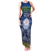 Personalised Marshall Islands Christmas Family Matching Tank Maxi Dress and Hawaiian Shirt Coat of Arms and Map Beautiful Merry Xmas Snowflake LT03 Mom's Dress Blue - Polynesian Pride
