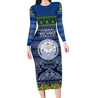 Personalised Marshall Islands Christmas Long Sleeve Bodycon Dress Coat of Arms and Map Beautiful Merry Xmas Snowflake LT03 Long Dress Blue - Polynesian Pride