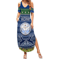 Personalised Marshall Islands Christmas Summer Maxi Dress Coat of Arms and Map Beautiful Merry Xmas Snowflake LT03 Women Blue - Polynesian Pride