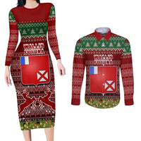 Personalised Wallis and Futuna Christmas Couples Matching Long Sleeve Bodycon Dress and Long Sleeve Button Shirts Coat of Arms and Map Beautiful Merry Xmas Snowflake LT03 Red - Polynesian Pride