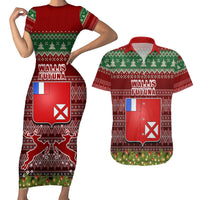 Personalised Wallis and Futuna Christmas Couples Matching Short Sleeve Bodycon Dress and Hawaiian Shirt Coat of Arms and Map Beautiful Merry Xmas Snowflake LT03 Red - Polynesian Pride