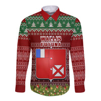 Personalised Wallis and Futuna Christmas Long Sleeve Button Shirt Coat of Arms and Map Beautiful Merry Xmas Snowflake LT03 Unisex Red - Polynesian Pride