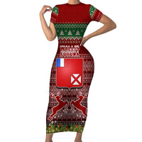 Personalised Wallis and Futuna Christmas Short Sleeve Bodycon Dress Coat of Arms and Map Beautiful Merry Xmas Snowflake LT03 Long Dress Red - Polynesian Pride