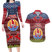 Personalised French Polynesia Christmas Couples Matching Long Sleeve Bodycon Dress and Hawaiian Shirt Coat of Arms and Map Beautiful Merry Xmas Snowflake LT03 Red - Polynesian Pride