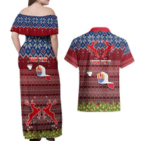 Personalised French Polynesia Christmas Couples Matching Off Shoulder Maxi Dress and Hawaiian Shirt Coat of Arms and Map Beautiful Merry Xmas Snowflake LT03 - Polynesian Pride