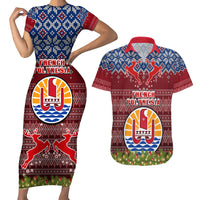 Personalised French Polynesia Christmas Couples Matching Short Sleeve Bodycon Dress and Hawaiian Shirt Coat of Arms and Map Beautiful Merry Xmas Snowflake LT03 Red - Polynesian Pride