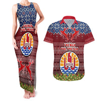Personalised French Polynesia Christmas Couples Matching Tank Maxi Dress and Hawaiian Shirt Coat of Arms and Map Beautiful Merry Xmas Snowflake LT03 Red - Polynesian Pride