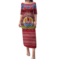 Personalised French Polynesia Christmas Family Matching Puletasi Dress and Hawaiian Shirt Coat of Arms and Map Beautiful Merry Xmas Snowflake LT03 Mom's Dress Red - Polynesian Pride