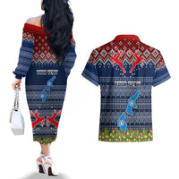Personalised Northern Mariana Islands Christmas Couples Matching Off The Shoulder Long Sleeve Dress and Hawaiian Shirt Coat of Arms and Map Beautiful Merry Xmas Snowflake LT03 - Polynesian Pride